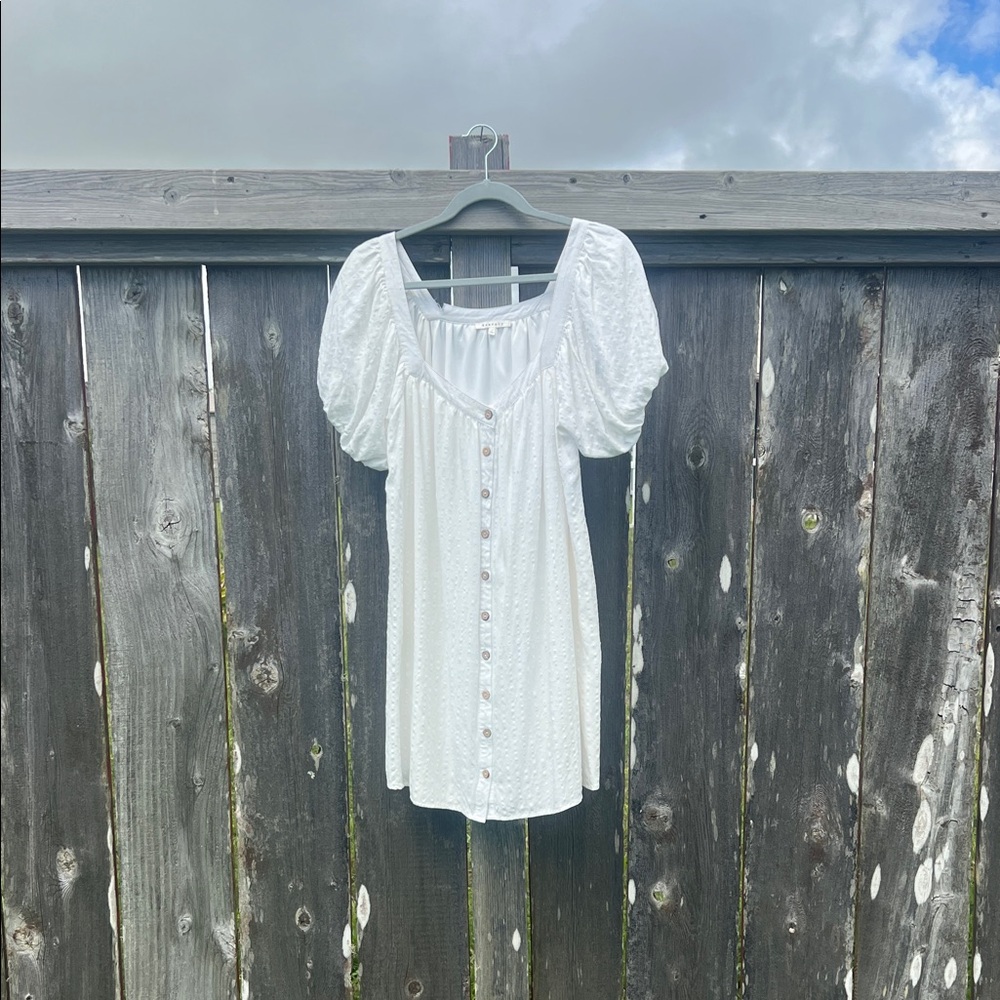 White Puff-Sleeve Button-Front Women's Mini Dress
